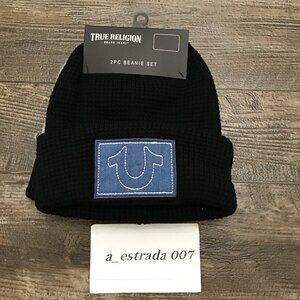 NWT True Religion Unisex Black Grey Green Beanie Hat Set 2 Pieces
